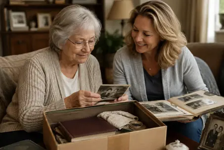 An older adult and adult child sorting through a box of family heirlooms or photo albums
