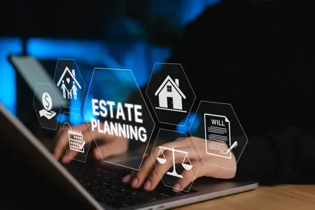 Estate Planning and Will Preparation Concept. Person using laptop with icons representing estate planning, including house, family, legal scale, and will document, asset management, inheritance plan